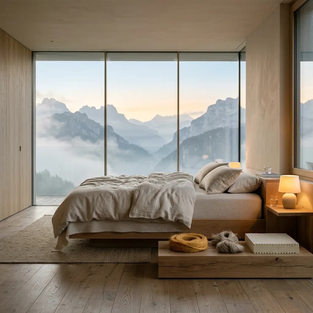 Minimalistisches Schlafzimmer mit Boxspringbett vor Bergpanorama, daneben Naturmaterialien wie Kokosfaser und Leinen auf Holzpodest. 3