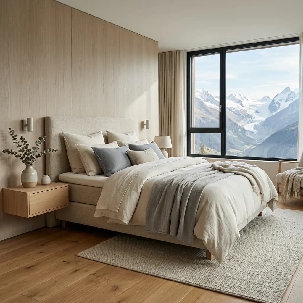 Luxuriöses Boxspringbett mit hellen Kissen vor einem Fenster mit Blick auf die Schweizer Alpen. 3