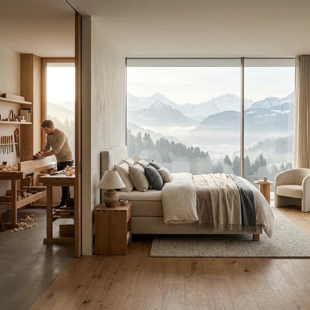 Luxuriöses Boxspringbett vor Panoramafenstern mit Bergblick, daneben Hände eines Handwerkers an einem Holzstück. 4