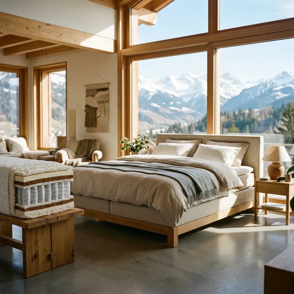 Boxspringbett mit Holzrahmen in hellem Loft vor Alpenpanorama und eine aufgeschnittene Matratze daneben. 2