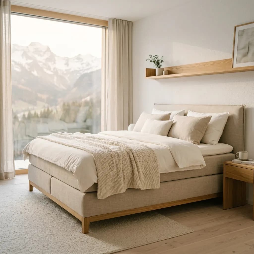 Boxspringbett aus Leinen in hellem Schlafzimmer vor großen Fenstern mit Blick auf die Alpen. 4