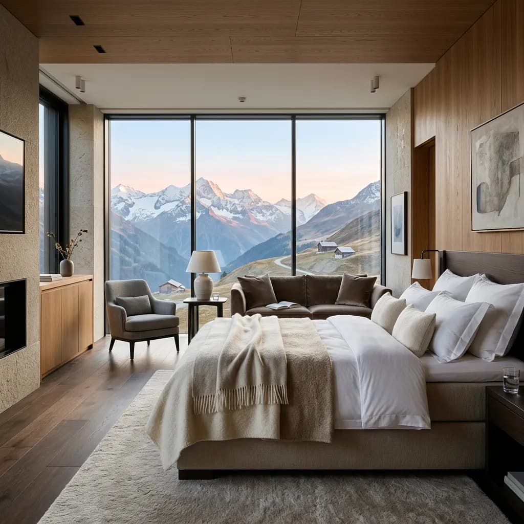 Luxuriöse Hotelsuite mit großem Boxspringbett, Holzvertäfelung und Panoramafenster mit Blick auf verschneite Alpen. 2