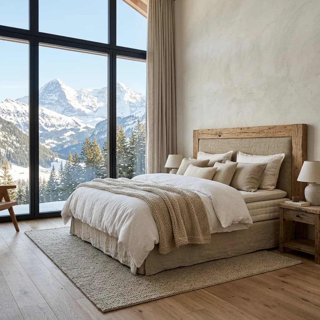 Boxspringbett mit hellen Naturtextilien vor großen Fenstern mit Aussicht auf schneebedeckte Schweizer Alpen. 2